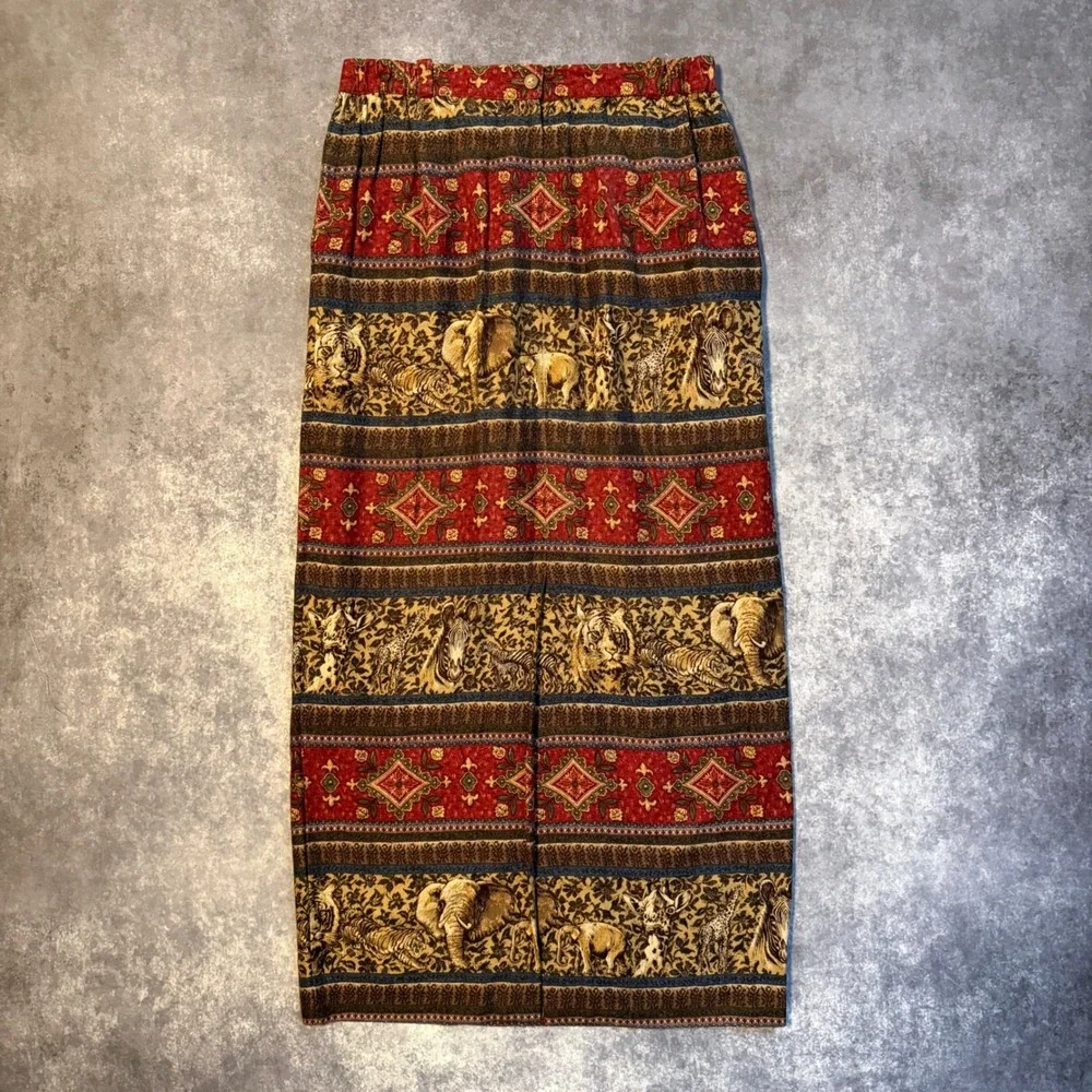 Vintage Sharon Young Sportswear Safari Animal Print Maxi Skirt Rayon Linen Sz 12